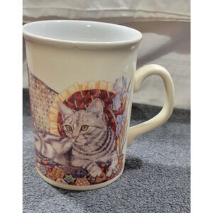 Vintage England Made Porcelain Cat and Kitten Victorian Floral Scene Coffee Mug